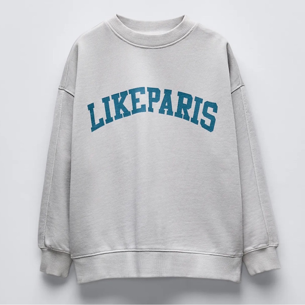 Zara Light Gray Crewneck with Teal Script